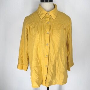 Vintage Butter Yellow Linen Blend Eyelet Shirt Womens Small Boho Cottage Loose